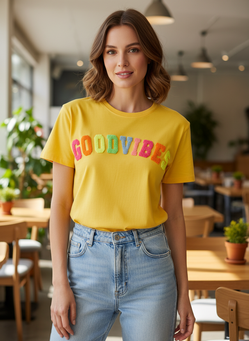 T-shirt Mia geel good vibes