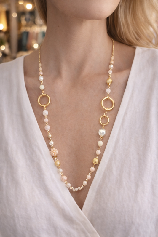 Lange ketting Babeza beige met parel