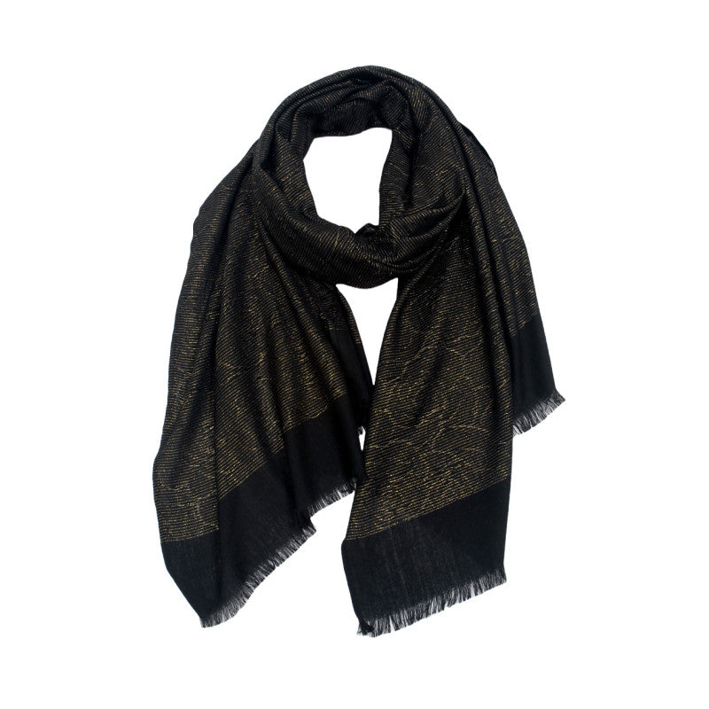 GEWEVEN SJAAL BLOEMENPRINT EN LUREX zwart/gold