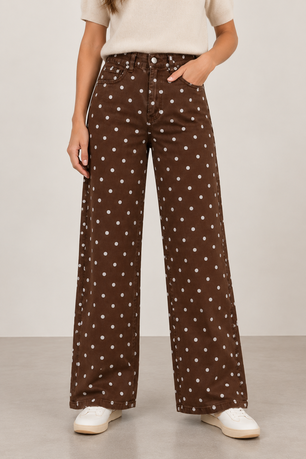 Jeansbroek Marina wide leg coffee/beige polka