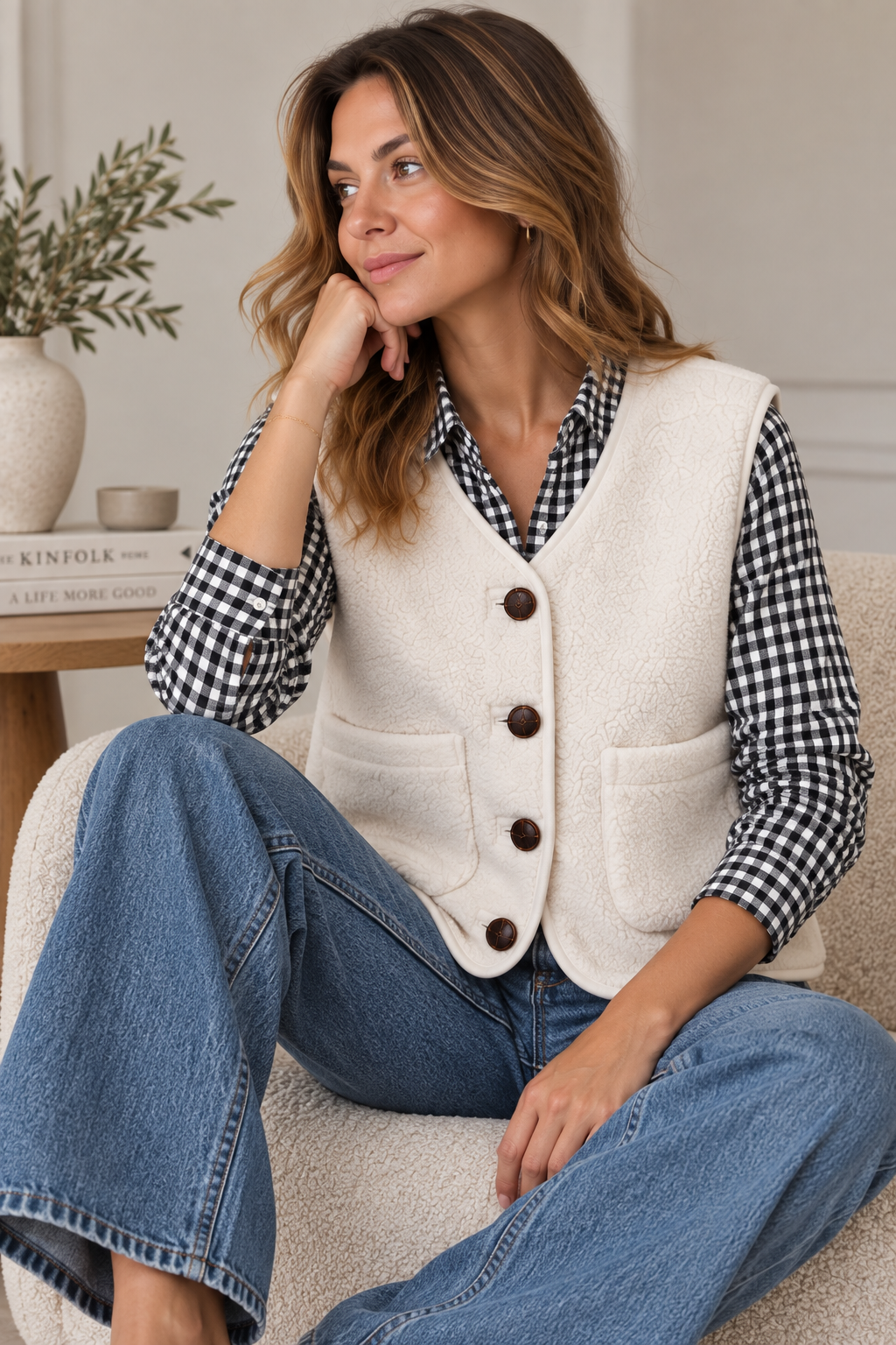 Teddy gilet Maya off-white met knopen en zakken .