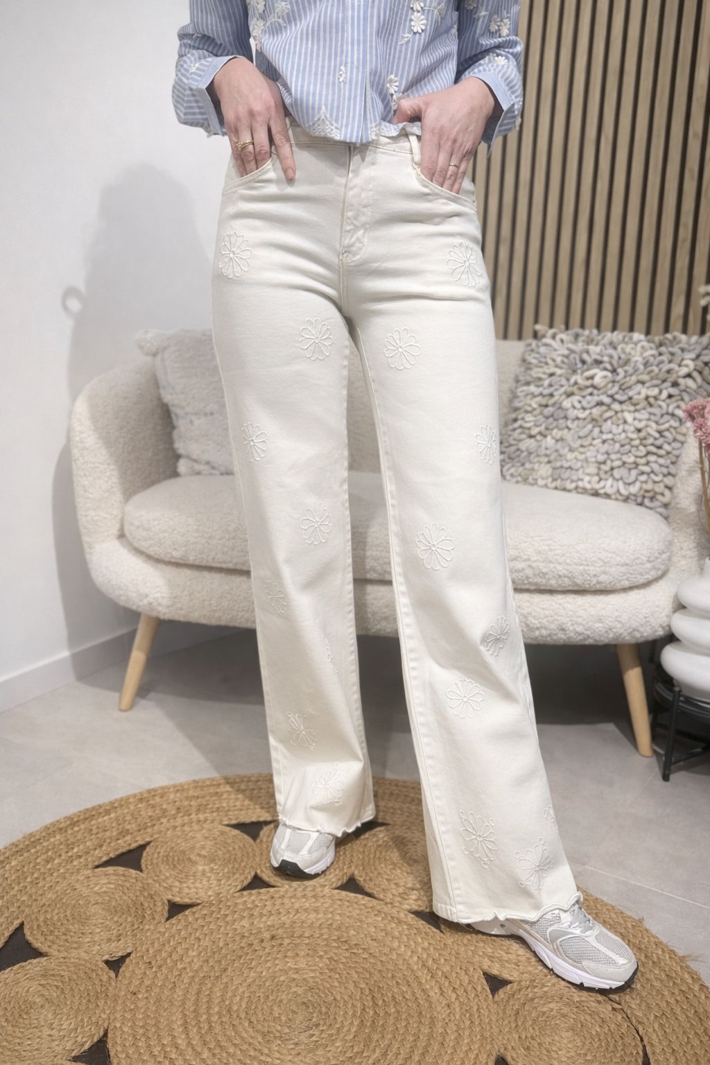 Jeansbroek Miss Bon nude met bloemenfantasie