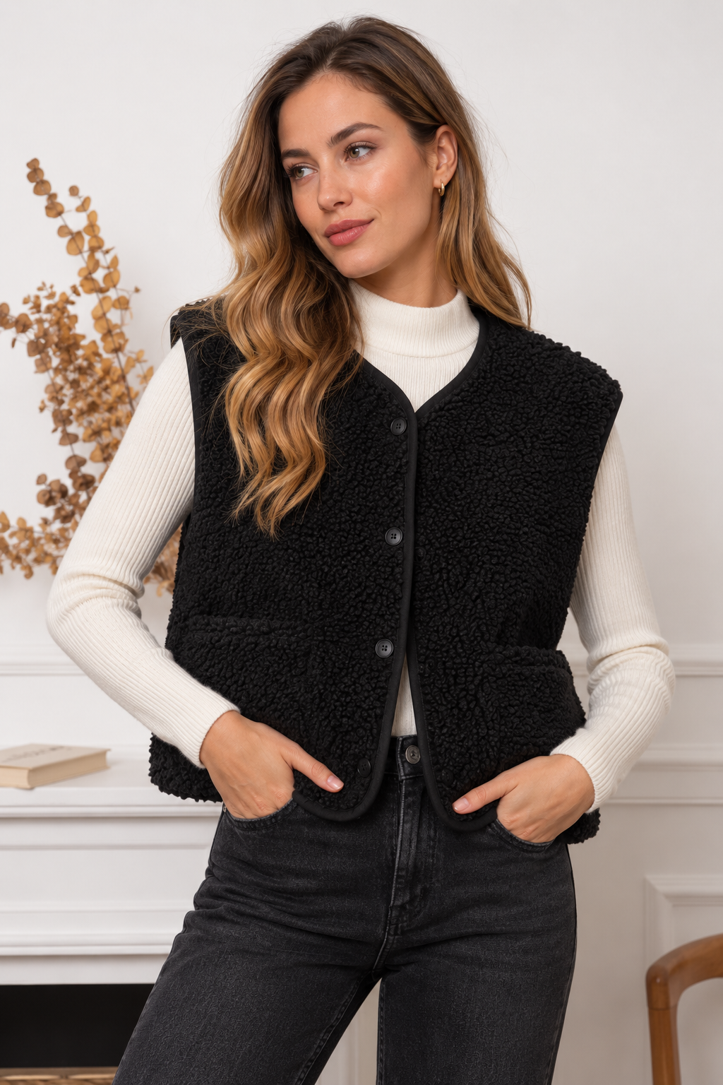 Zacht teddy gilet Kimberly zwart met knoopsluiting en steekzakken.”