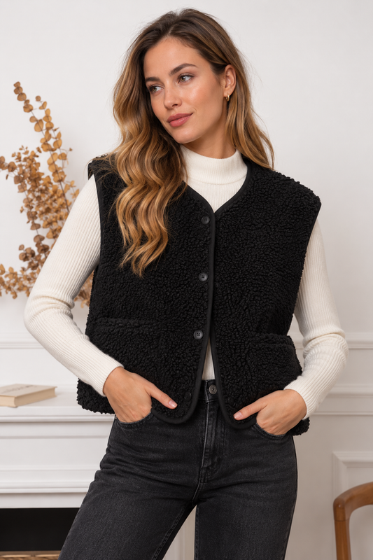 Zacht teddy gilet Kimberly zwart met knoopsluiting en steekzakken.”