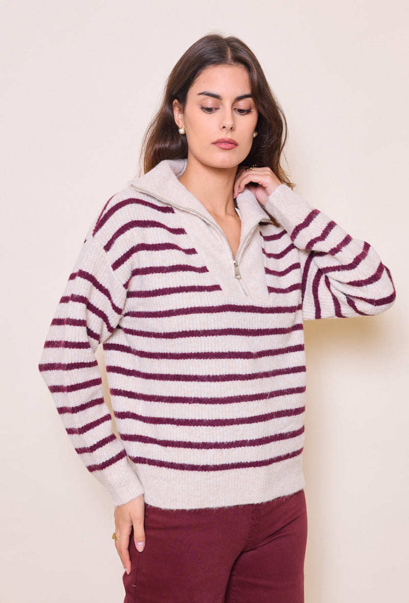 Pull Clara beige/bordeaux