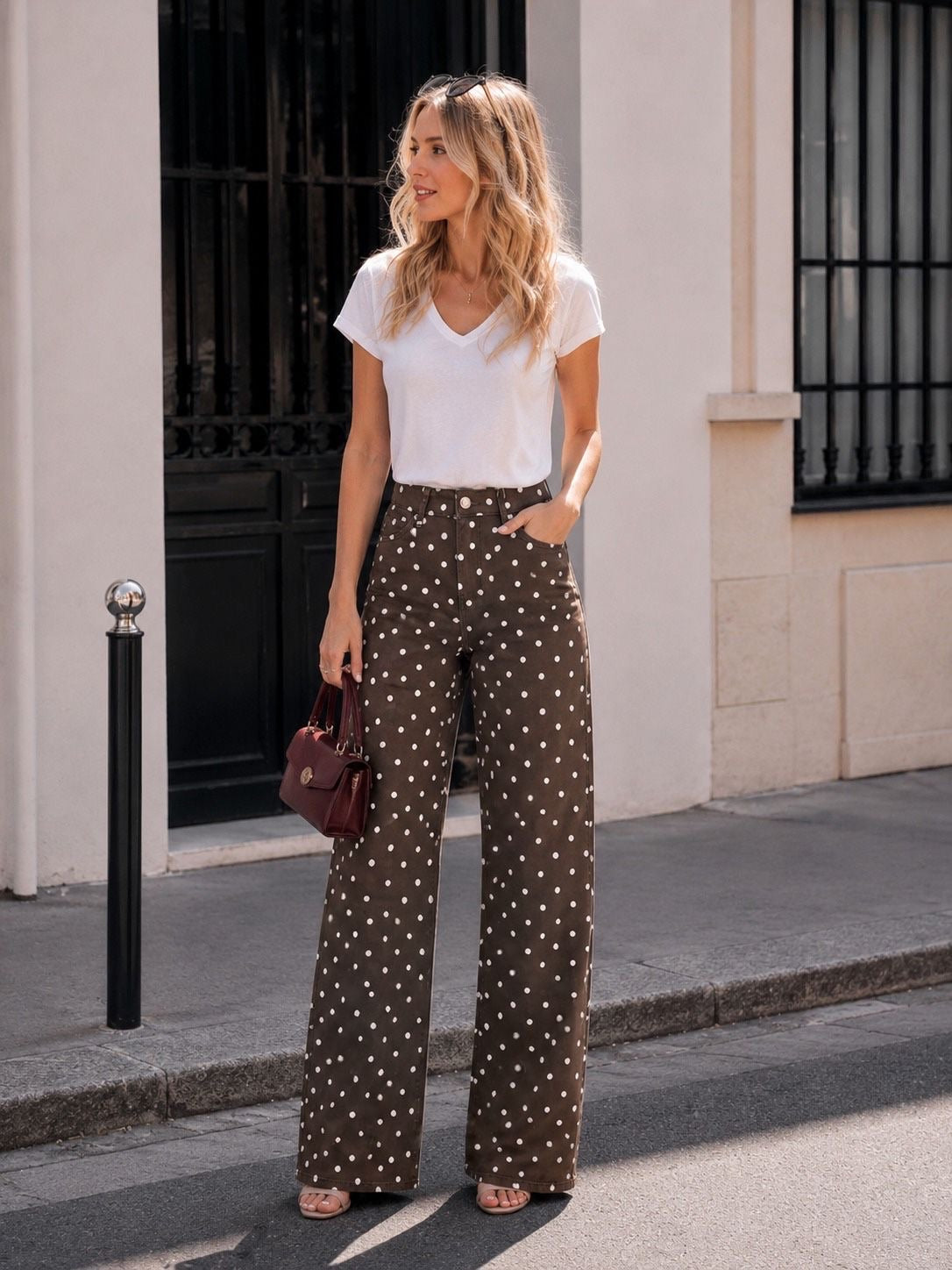Jeansbroek Marina wide leg coffee/beige polka