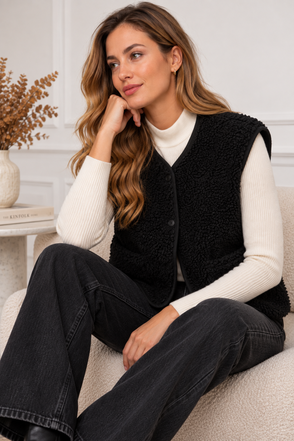 Zacht teddy gilet Kimberly zwart met knoopsluiting en steekzakken.”