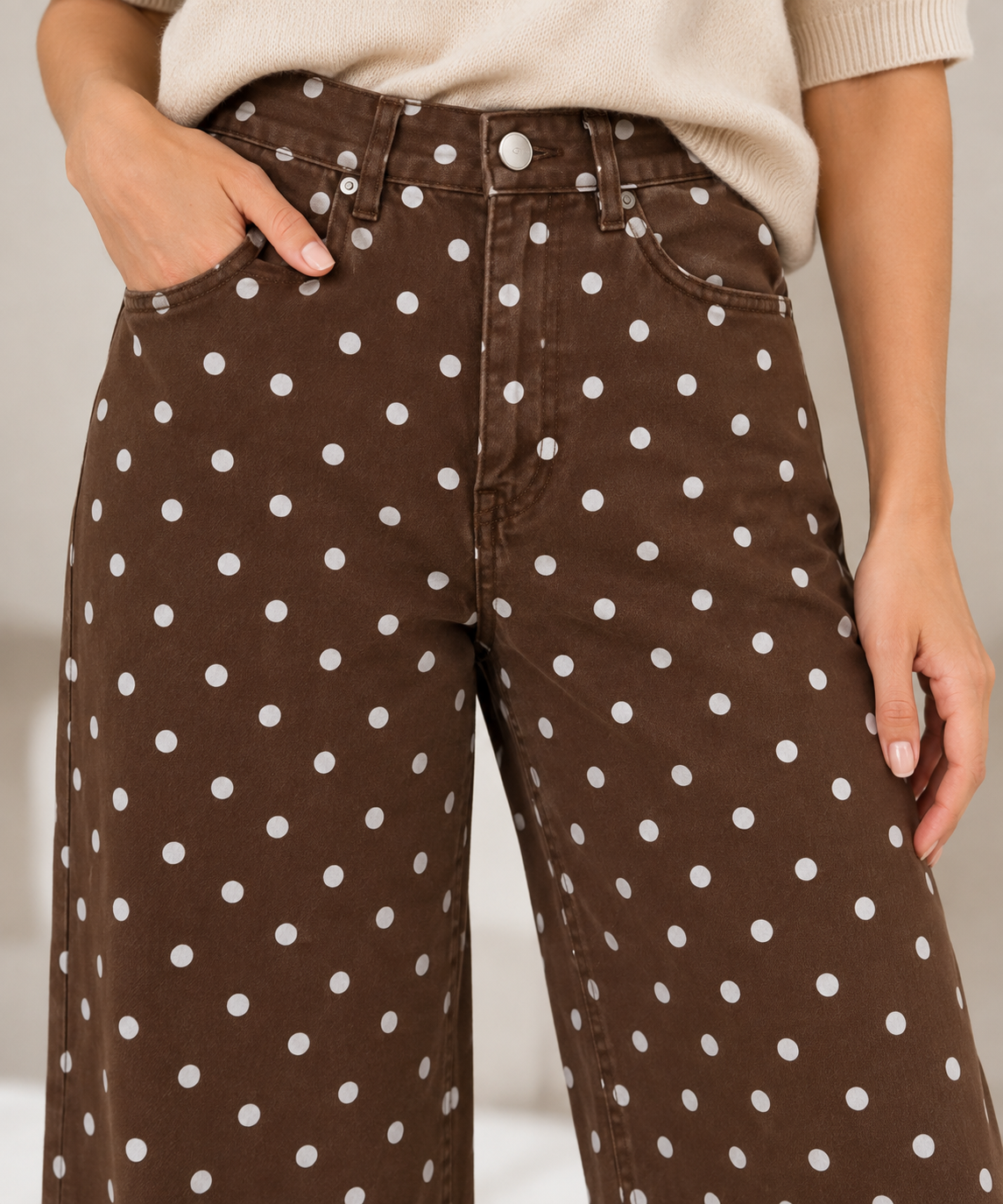 Jeansbroek Marina wide leg coffee/beige polka