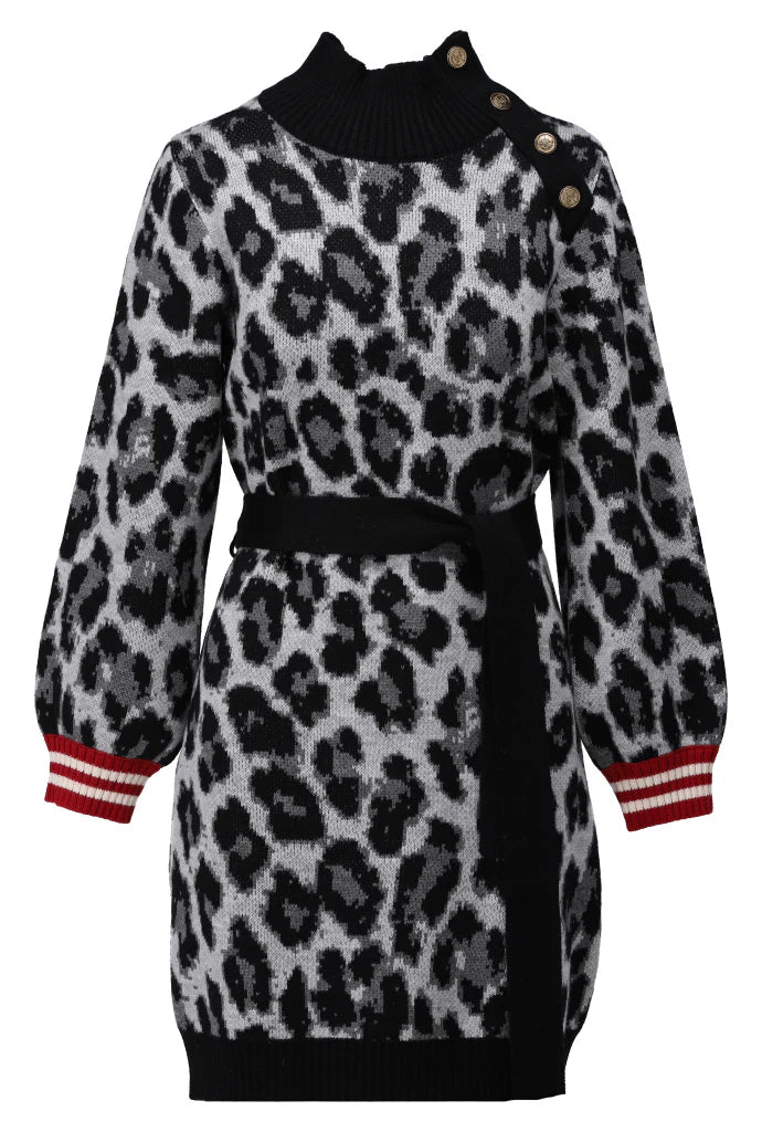 K-Design - Gebreide jurk met luipaardprint en stoffen riem (B818)