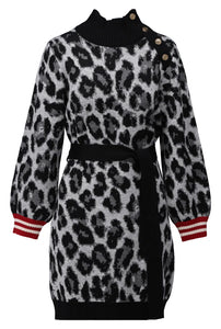 K-Design - Gebreide jurk met luipaardprint en stoffen riem (B818)