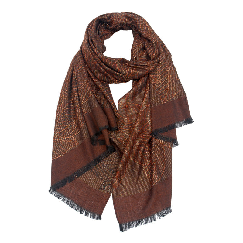 SJAAL GEWEVEN MET BLADEN EN LUREX rust/gold