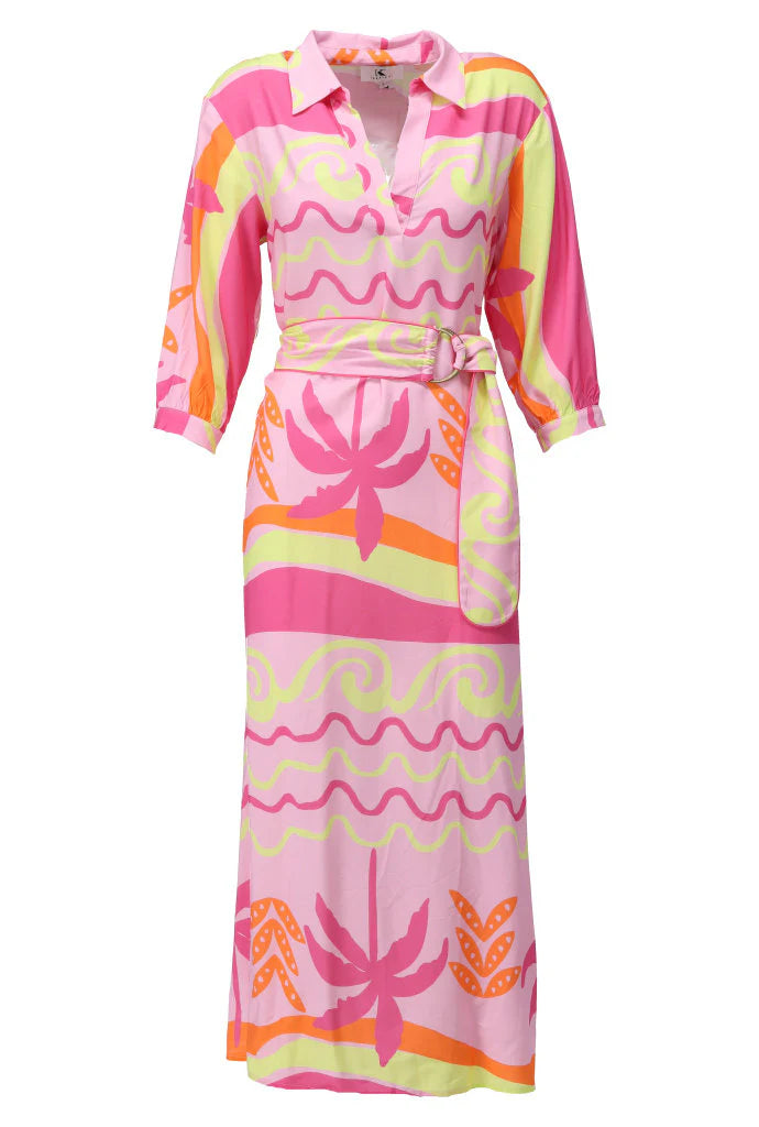 K-design - Maxi jurk met design en stoffen riem (C162)